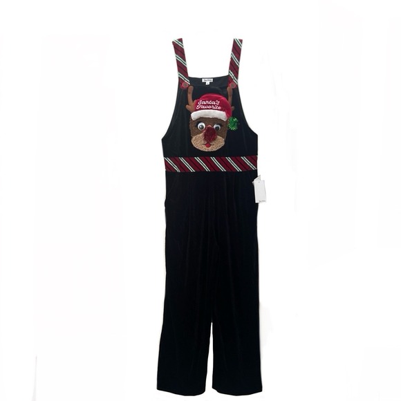 Born Famous Womens L Santa Favorite Reindeer Christmas Jumpsuit Overalls Black - Picture 1 of 9